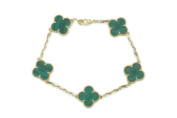 Van Cleef And Arpels Alhambra Vintage Bracelet 5 Motif Malachite Yellow Gold