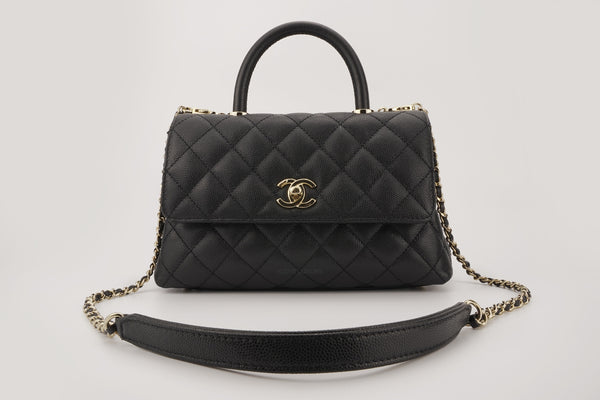 Chanel Small Coco Top Handle Flap Caviar Black Champagne GHW