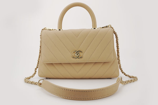 Chanel Small Coco Top Handle Flap Caviar Beige Champagne GHW