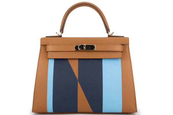 Hermès Kelly Graphie 28 Hss “Epsom,Clemence, Chevre” “Bronze Dore, Bleu Saphir,Celeste” PBHW