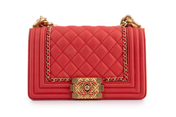 Chanel Quilted Chain Around Small Boy	Lamskin	Watermelon Red	GHW