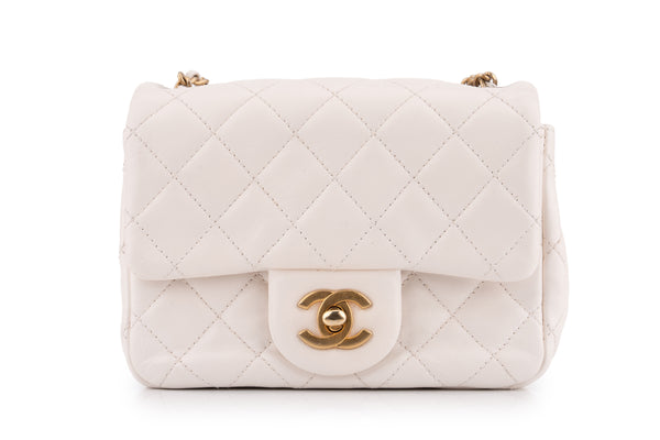 Chanel Quilted Pearl Crush Mini Square Flap Bag	Lambskin	White	GHW