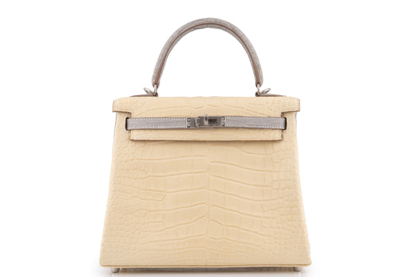 Hermès Kelly 25	Retourne	Matt Alligator Missi 	Vanille / Gris	BPHW