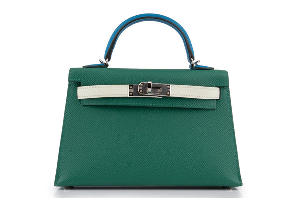 Hermès Mini Kelly Epsom Tri Colour Vert Vertigo / Vert Fizz / Bleu Frida PHW